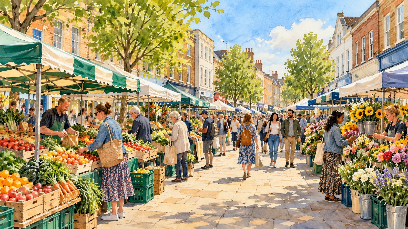 Representative watercolour illustration of a market street in Romford