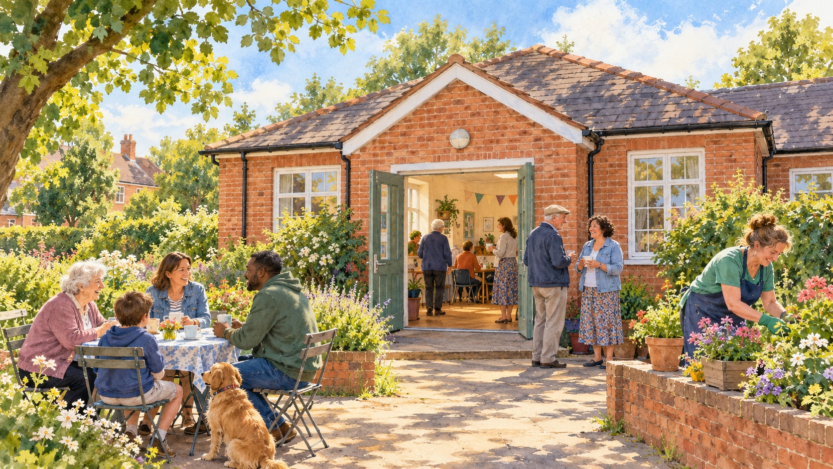 Representative watercolour illustration of neighbours meeting at a community venue in Romford